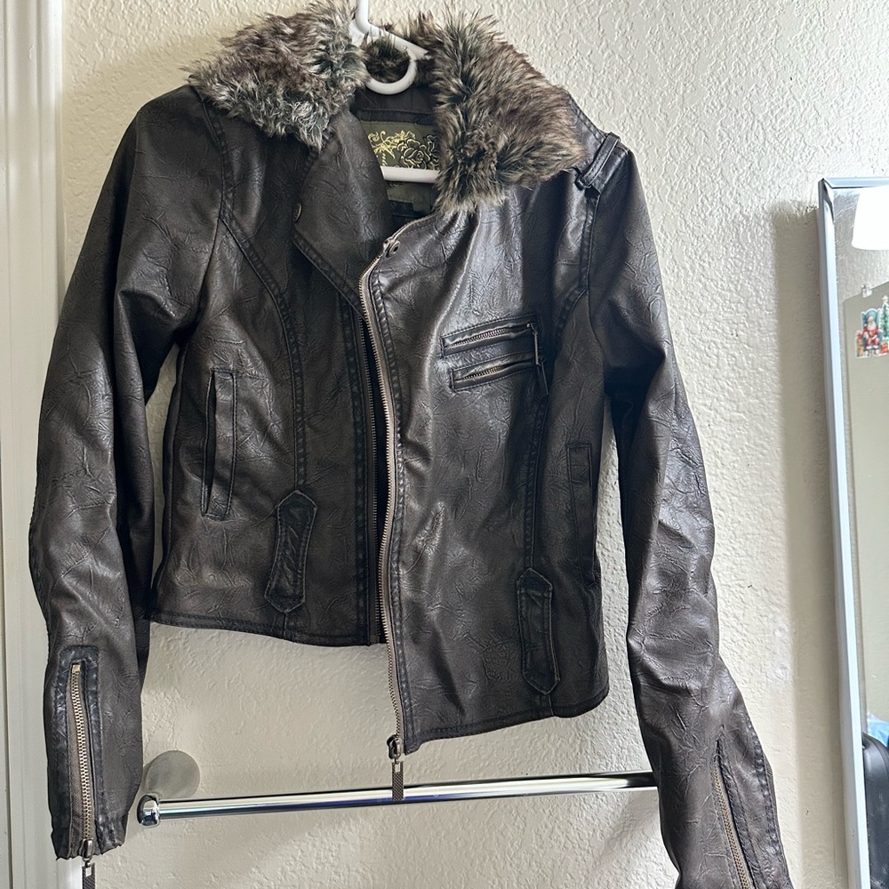 Brown Faux Leather Jacket with Fur Collar